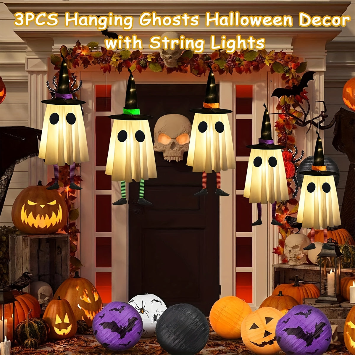 3pcs Halloween Hanging Decorations, Outdoor Hanging Ghosts with Witch Hats and Glowing Lights; Suitable for Yards, Patios, Gardens, and Trees - product image 5