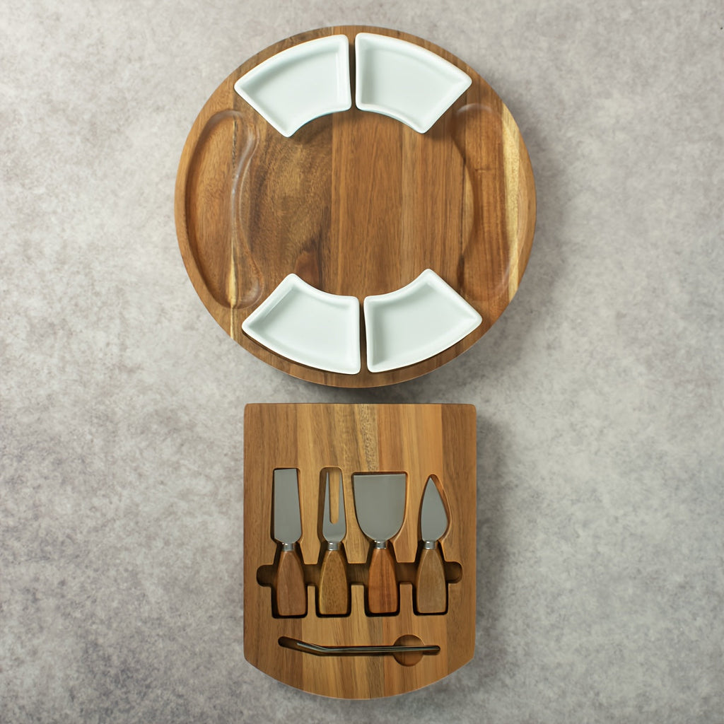 Acacia Wood Charcuterie Board Set Circular Cheese Board with Drawer Knife Set & Ceramic Bowls | Premium Serving Platter Gift Set for Housewarming Bridal Shower Wedding Birthday Wom - product image 10