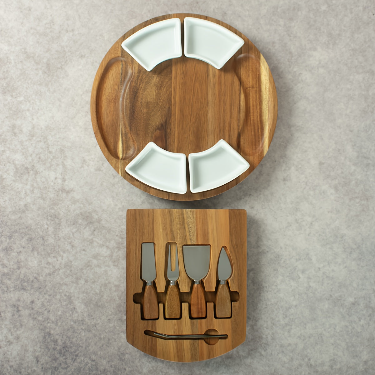 Acacia Wood Charcuterie Board Set Circular Cheese Board with Drawer Knife Set & Ceramic Bowls | Premium Serving Platter Gift Set for Housewarming Bridal Shower Wedding Birthday Wom - product image 10