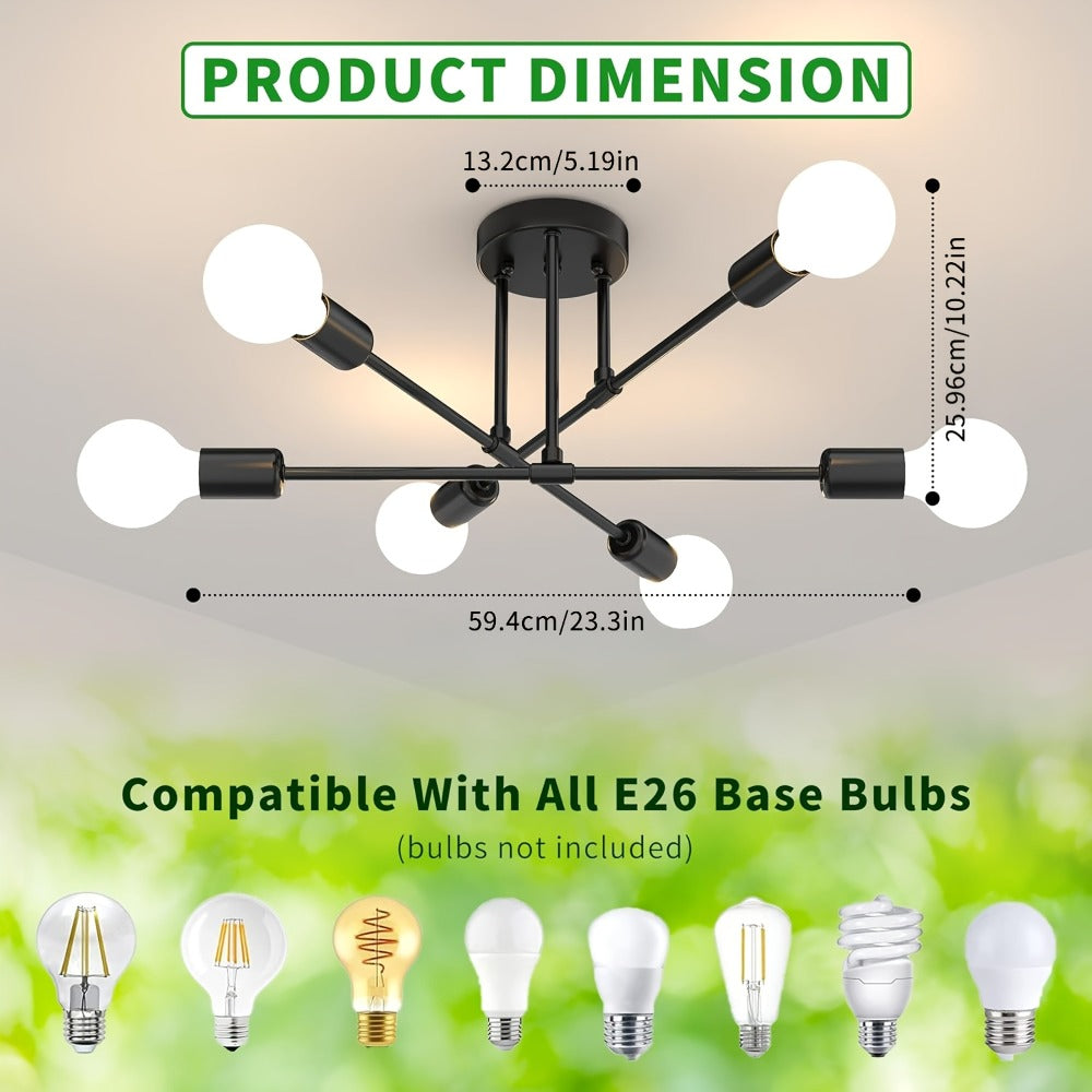 Sputnik Chandelier 6-Light Black Industrial Ceiling Light Fixture Semi Flush Mount for Bedroom Dining Room Living Room Kitchen - product image 2