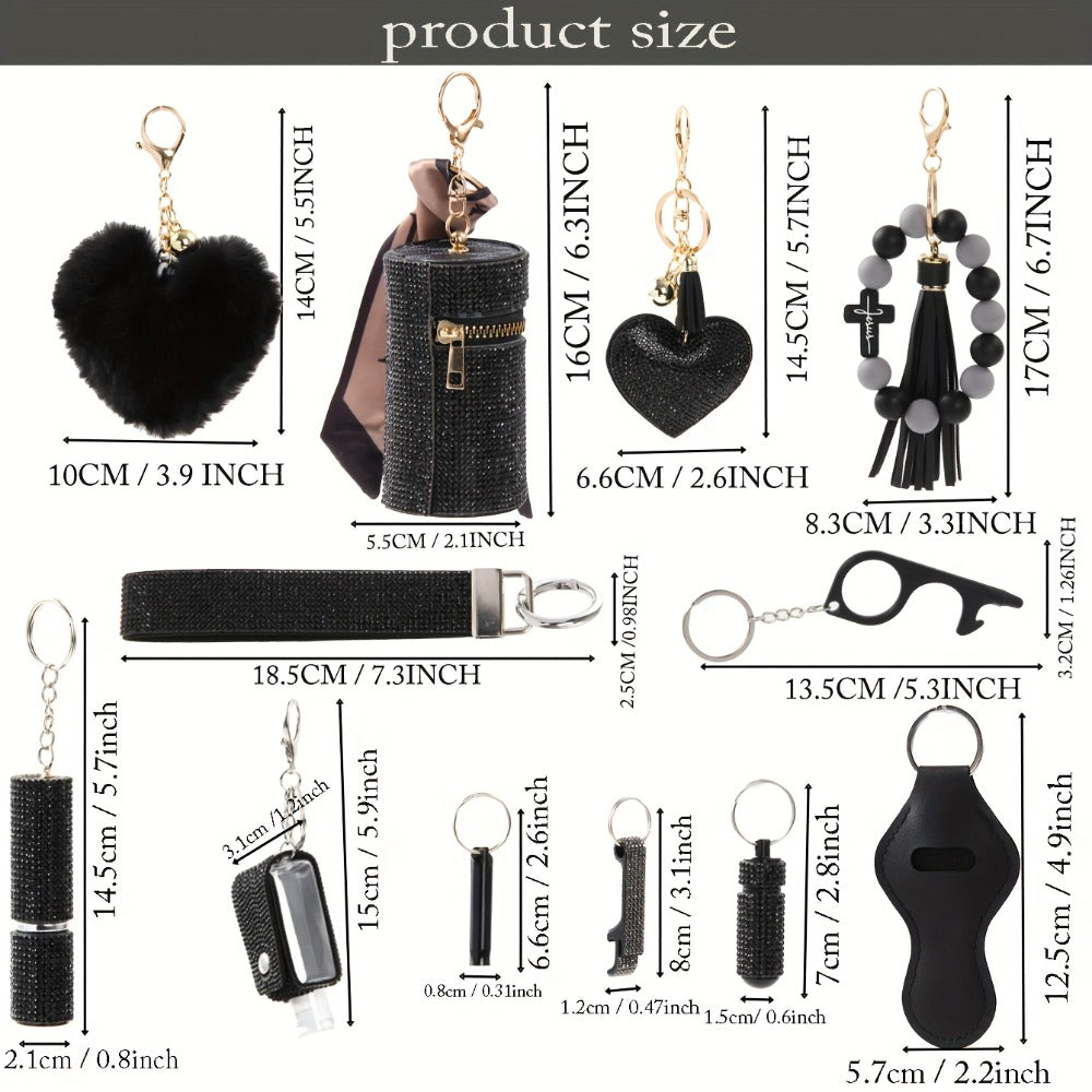 Safety Gadgets with Window Breaker Whistle Hand Sanitizer Holder Perfume Bottle Beaded Bracelet PU Tassel, Holiday Birthday Gift Box | Rhinestone Keychain Set - product image 2