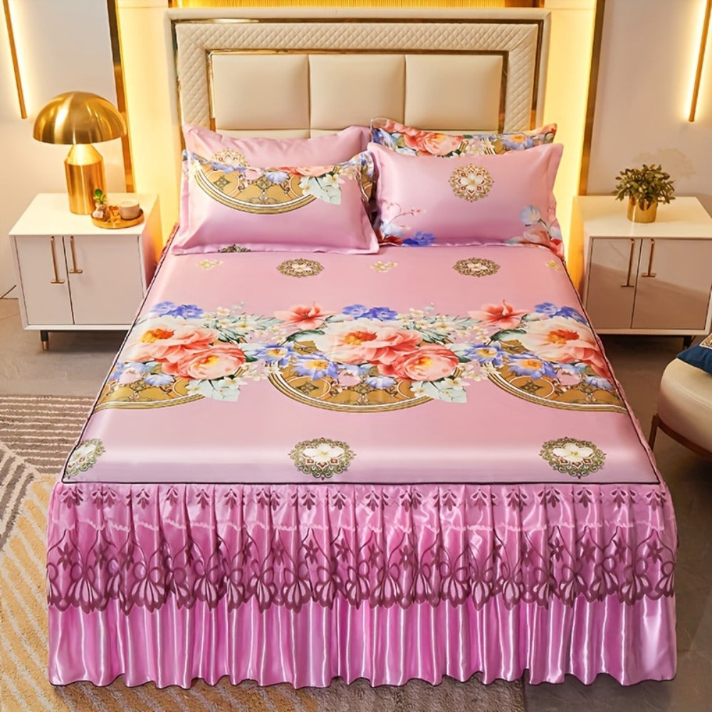 Floral Ruffle Bed Skirt Cool Mat 3 Piece Set with Pillowcase, Double Layer 360° Full Wrap Washable Cooling Mattress Cover, Breathable Summer Bedding Set for Twin Full Queen King, P - product image 7
