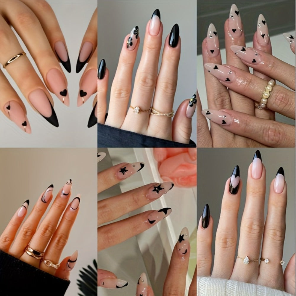 Short Almond Press On Nails 144 Pieces with Glue Pink Flower Rhinestone Black French Tip Full Cover Fake Nails Cute Nail Art Kit for Women Girls Daily Wear Party Wedding Date Night - product image 4