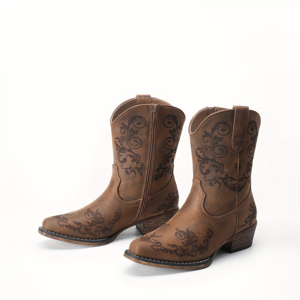 Women's Western Cowgirl Boots - Low Chunky Heel Square Toe Ankle Booties with French Heel & TPR Sole, Retro Round/for - Cowboy Boots for Ranch, Festival, Casual Wear (Zipper Closure), Women Shoes