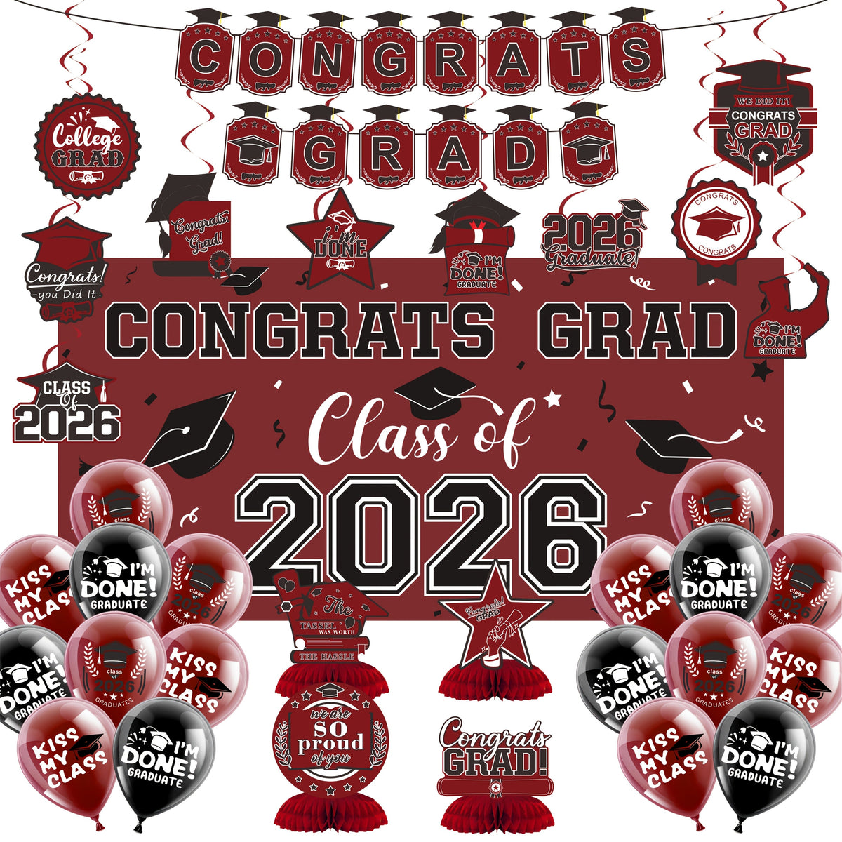 Complete Set with Backdrop Banner Hanging Swirls Balloons & Honeycomb Supplies, 6 Color Options Purple Maroon Blue Red Green Gold | Class of 2026 Graduation Party Decorations