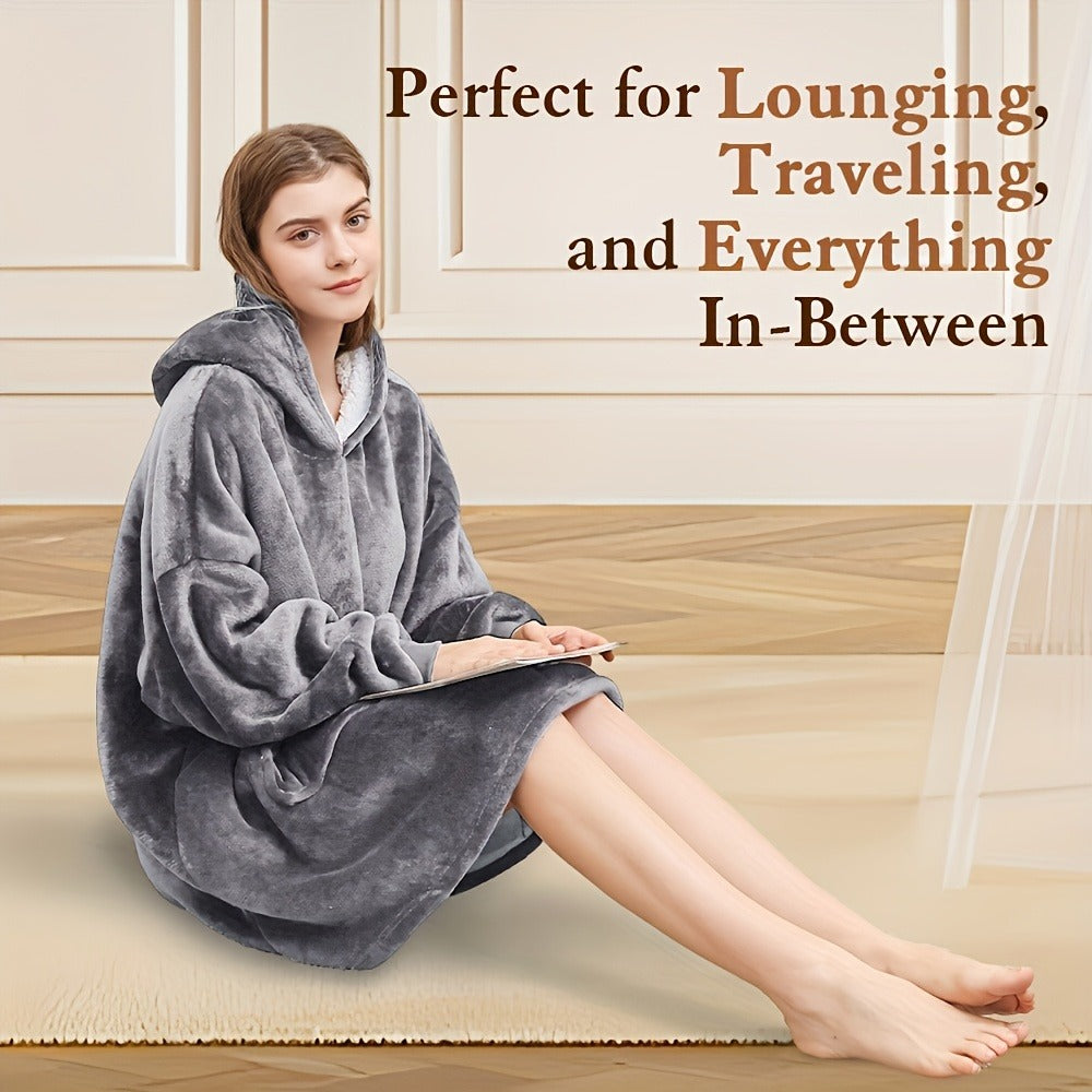 Reversible Hooded Wearable Blanket – Double-Sided Coral Fleece Suede Hoodie with Kangaroo Pocket, Machine Washable, 6 Colors - product image 2
