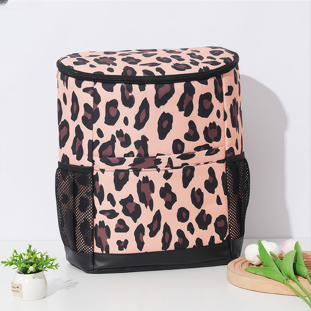Insulated Cooler Backpack 30-Can Capacity – Leopard Print Carry-along Lunch Bag with Mesh Side Pockets & Adjustable Straps – Camping – Leakproof Thermal Cooler for Beach – Picnics – Hiking & Outdoor Travel