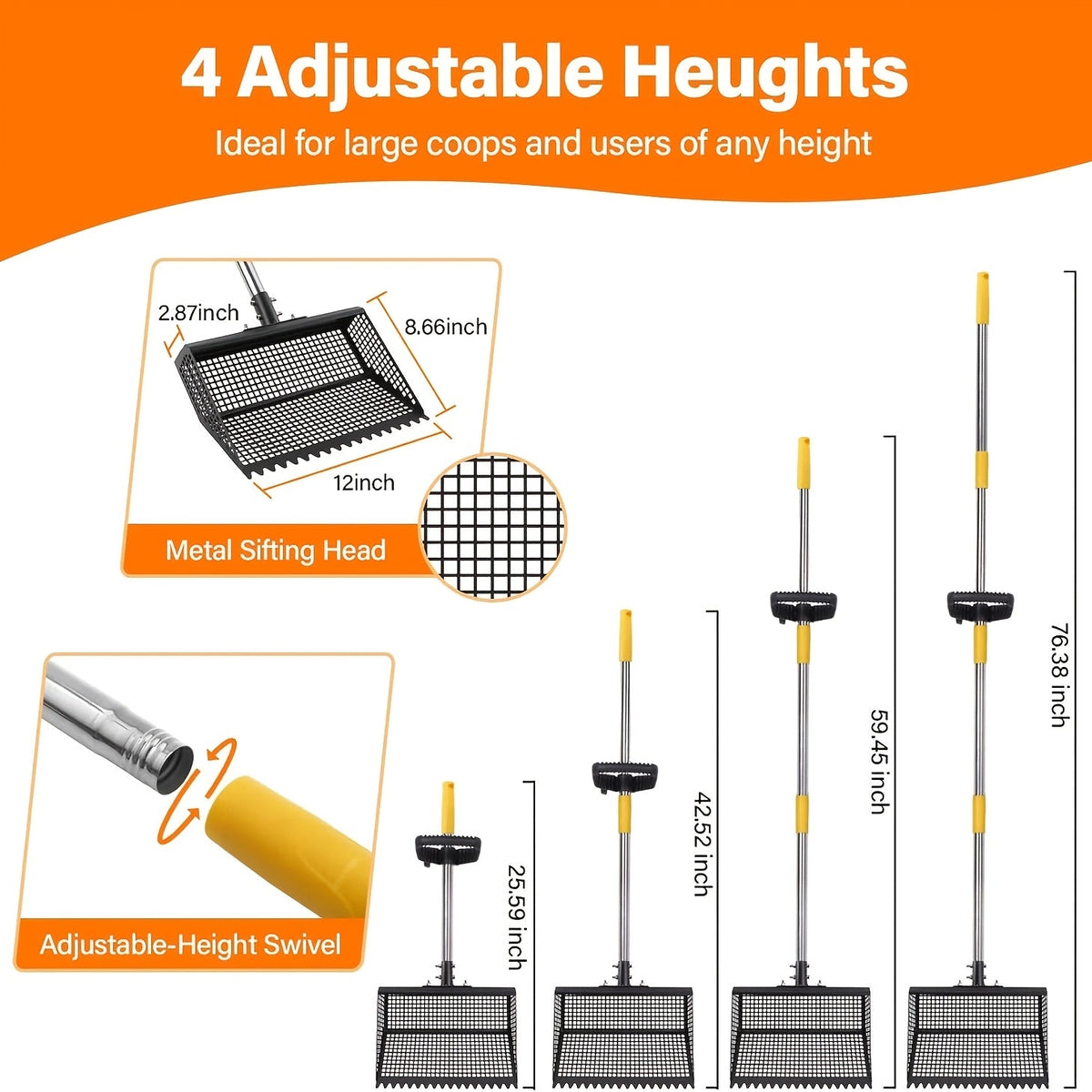 76" Stainless Steel Handle, Shatterproof Sand Sifting Shovel for Litter Box, Chicken Coop, Horse Stable & Barn Stall Cleaning, 13 Inch | Cat Litter Scooper - product image 2