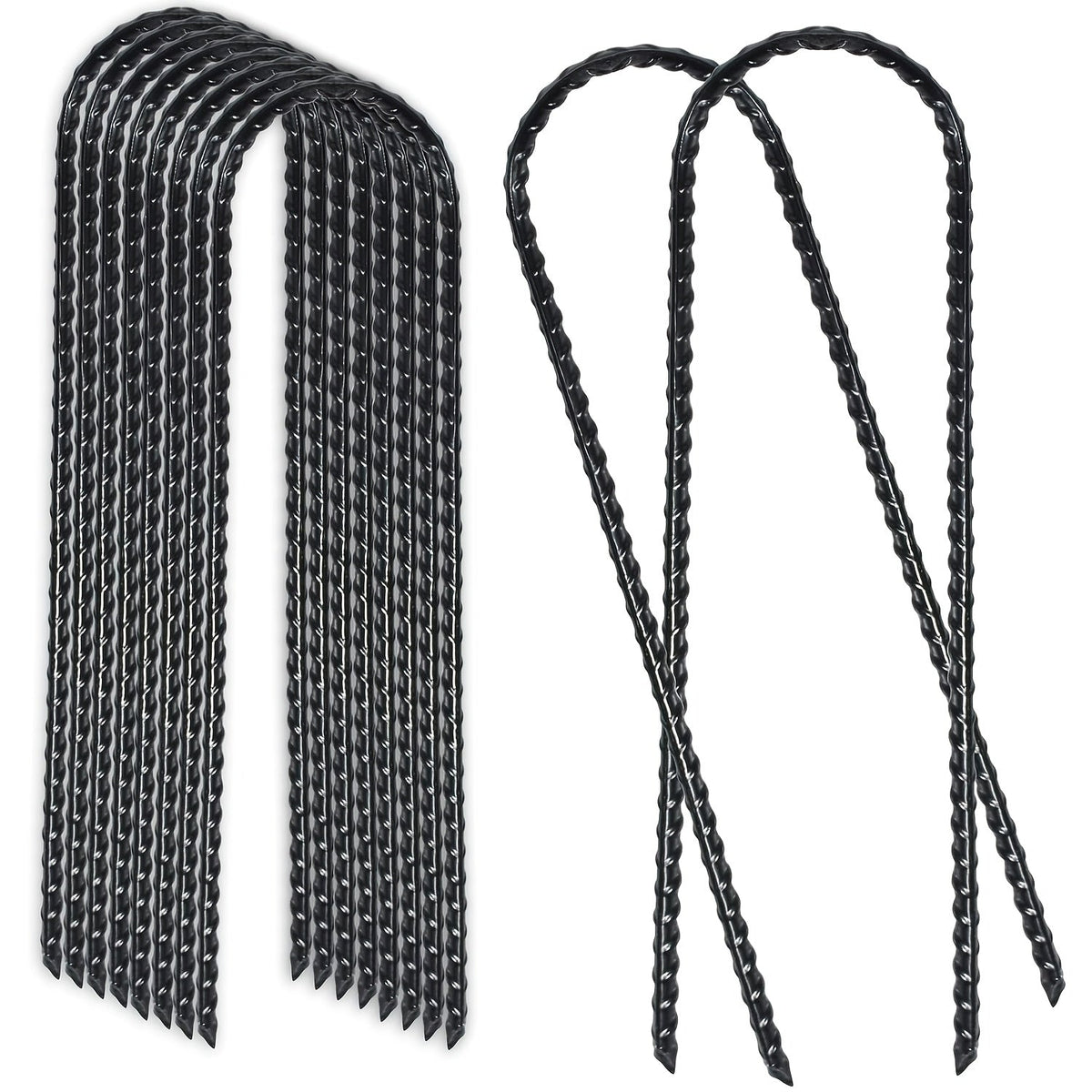 10 Inch Heavy Duty Rebar Stakes with Black Powder Coat, Safety Anchor Kit for Trampoline, Tent & Outdoor Equipment, Anti-Tip Metal Landscape Staples, 12 or 24 Pack – Trampoline Wind Stakes Ground Anchors
