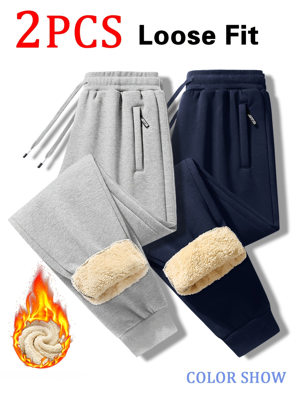 2pcs Set Of Winter Men's Warm and Friendly Soft Casual Pants, Winter Outdoor Travel with Added Casual Pants, Hidden Zipper Pocket Design, Foot Binding, Warm - product image