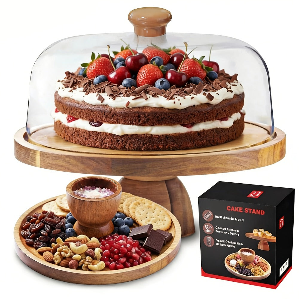 Cake Stand with Acrylic Dome Lid – Acacia Wood Serving Platter 2-in-1 Round Shatterproof Dessert Display Tray for Cheese Charcuterie Fruit Veggie Chips Party Table Centerpiece Holi - product image