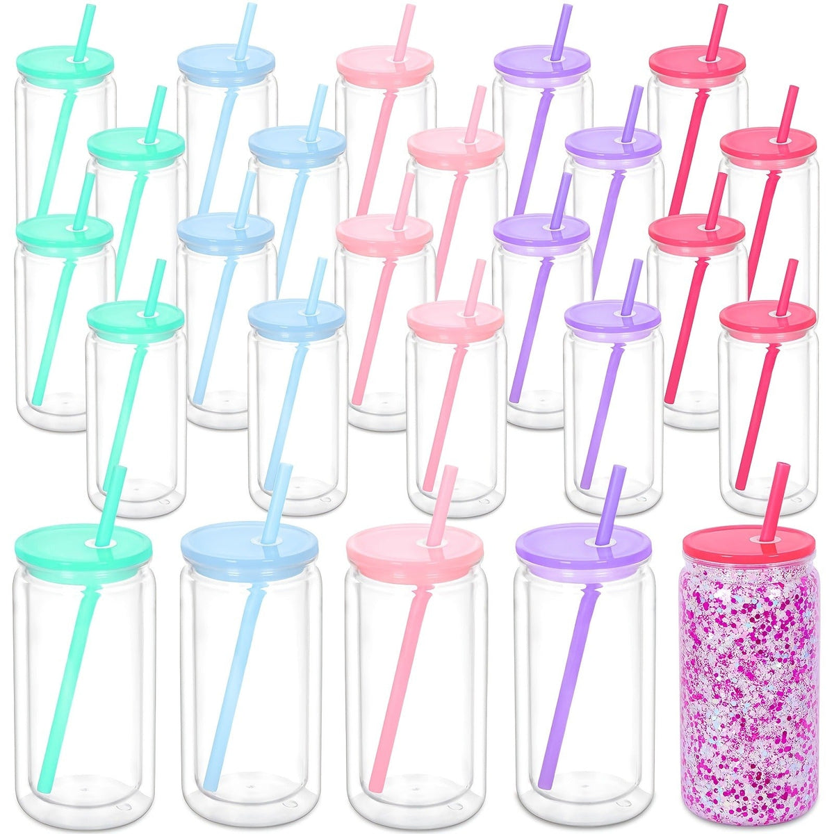 16oz Plastic Cups with Lids and Straws Bulk 25pcs Set Clear Flat Bottom Tumbler Single or Double Wall for Iced Coffee Boba Water Juice Party Favors Christmas Gifts for Kitchen & Dining