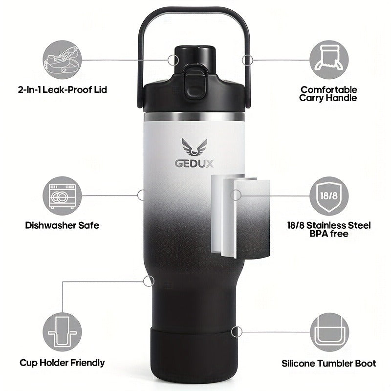 Vacuum Insulated Tumbler 32oz Stainless Steel with Handle Straw 2-in-1 Lid Chug Straw Lid Silicone Boot Matte Finish Keeps Drinks Cold Hot for Travel Gym Outdoor for Kitchen & Dining
