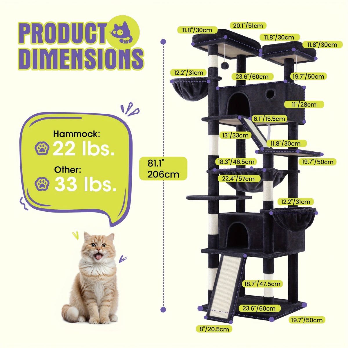 Cat Furniture with Sisal Scratching Posts, Plush Perches, Hammock, Basket & Corner Condo Cave, Hanging Toys & Climbing Ramp, Multiple Sizes & Colors | Cat Tree - product image