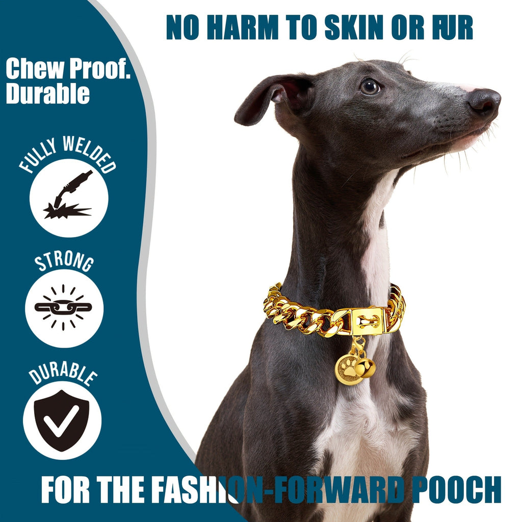 19mm Gold Plated Stainless Steel with Snap Lock, 6 Sizes for Puppy Small Medium Large Dogs | Cuban Link Dog Chain Collar - product image 4