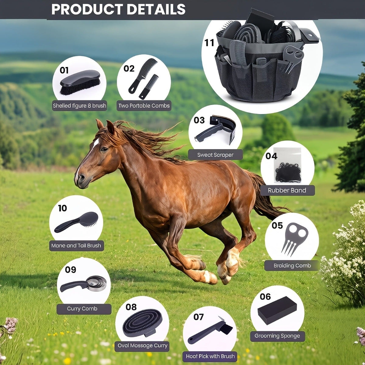 Horse Grooming Kit 11-Piece Set with Storage Bag | SEAOTTER Professional Equine Grooming Supplies, Black | Complete Beginner & Daily Care Set with Curry Comb - product image 2