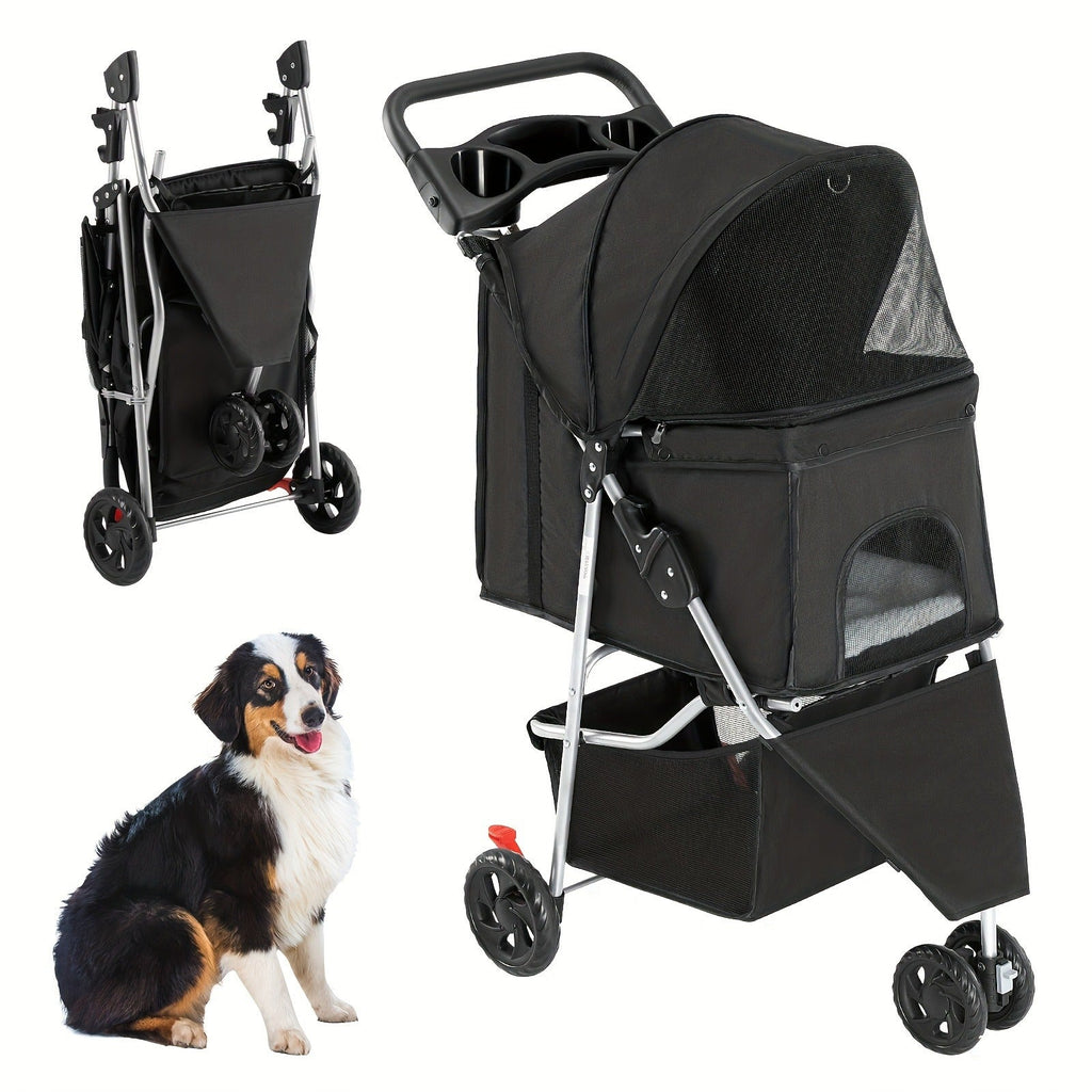 Foldable Jogger Stroller with Weather Cover, Storage Basket & Cup Holder, Breathable Mesh Window, All-Season Outdoor Walk Pram, Black | 3-Wheel Pet Stroller - product image 12