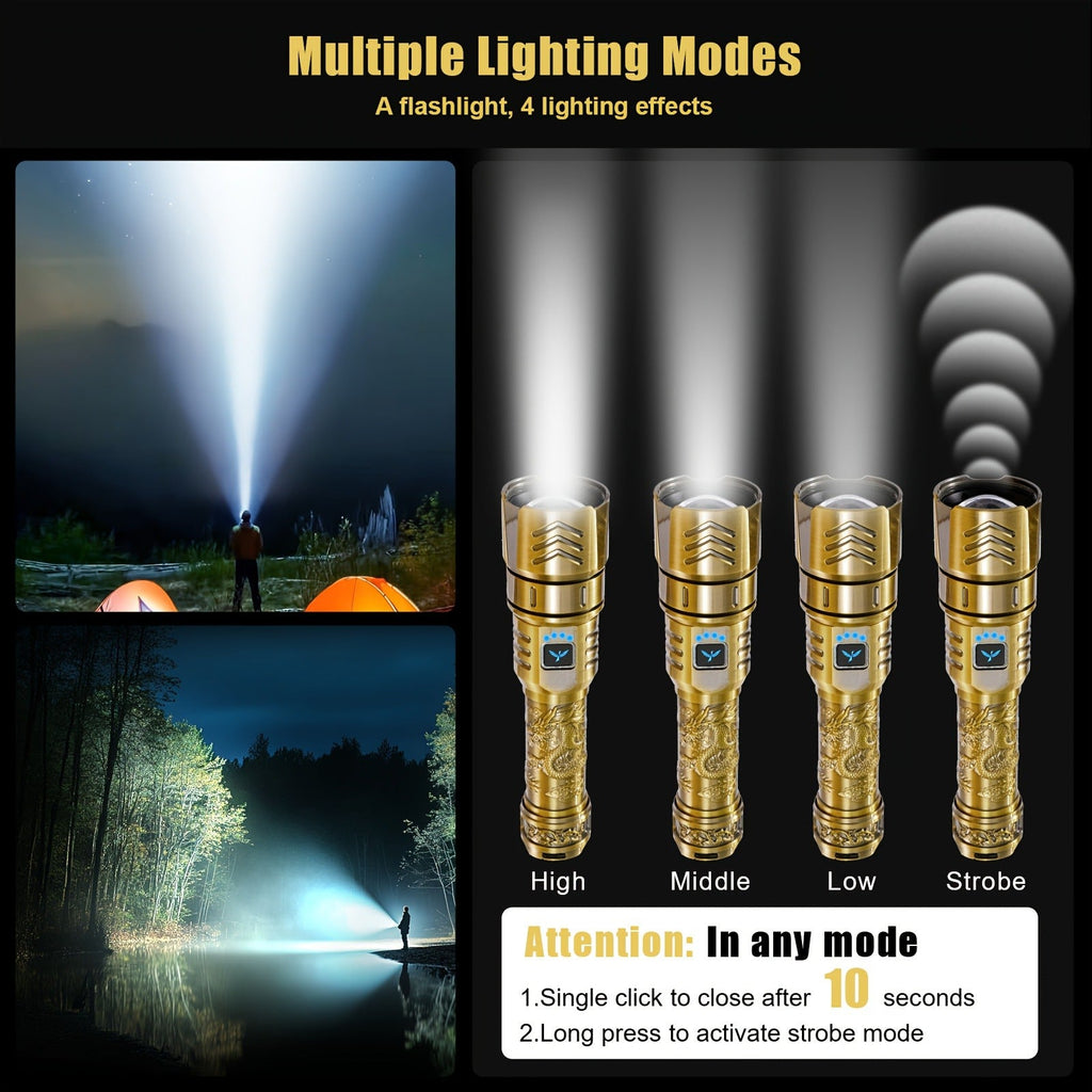 1000 Lumen Dragon Pattern LED Torch, Zoomable Beam, Fire Starter Lens, 4 Modes, Aluminum Alloy for Camping, Outdoor & Emergency Use – Rechargeable Flashlight - product image 9