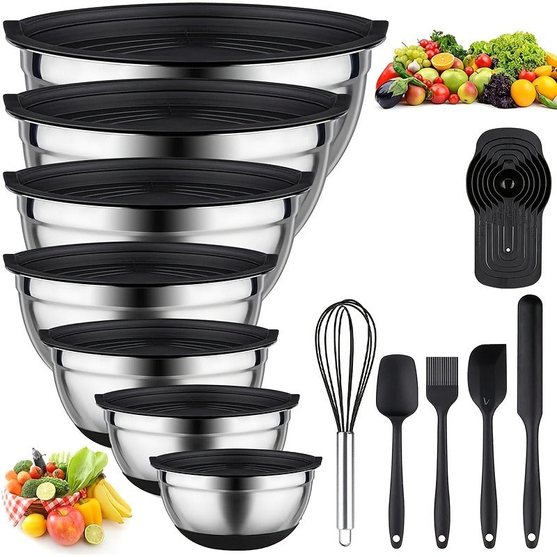 Stainless Steel Mixing Bowls Set with Airtight Lids 7 Piece | Dishwasher Safe Kitchen Bowls for Cooking Baking Camping Travel | Stackable Nesting Bowls with Measuring Spoons Whisk Spatula Tongs Basting Brush