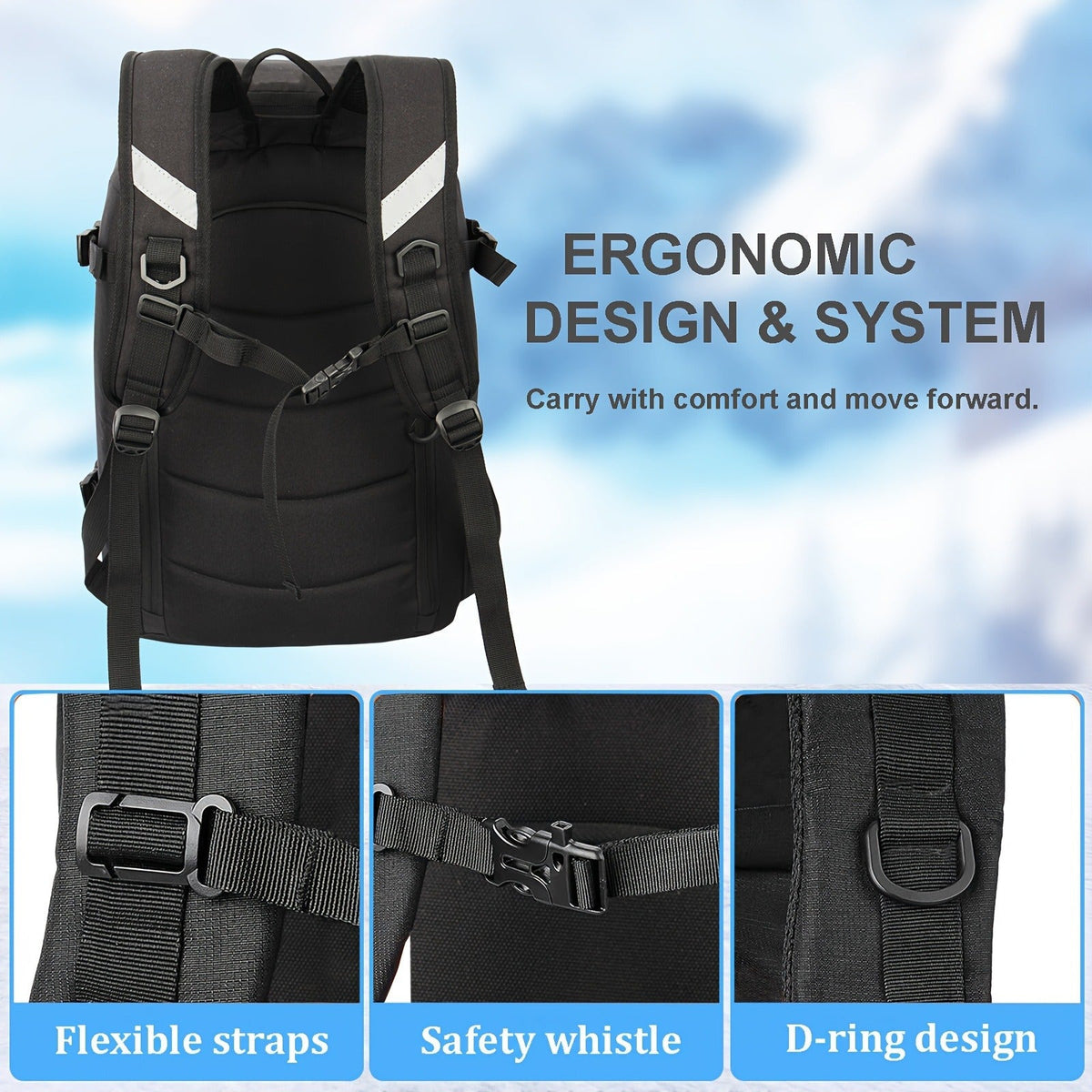 Ski Boot Bag Snowboard Backpack 40-50L Large Capacity Snow Gear Bag for Skiing Helmet Goggles Gloves Snowboard Accessories Winter Sports Equipment Bag Black - product image 5