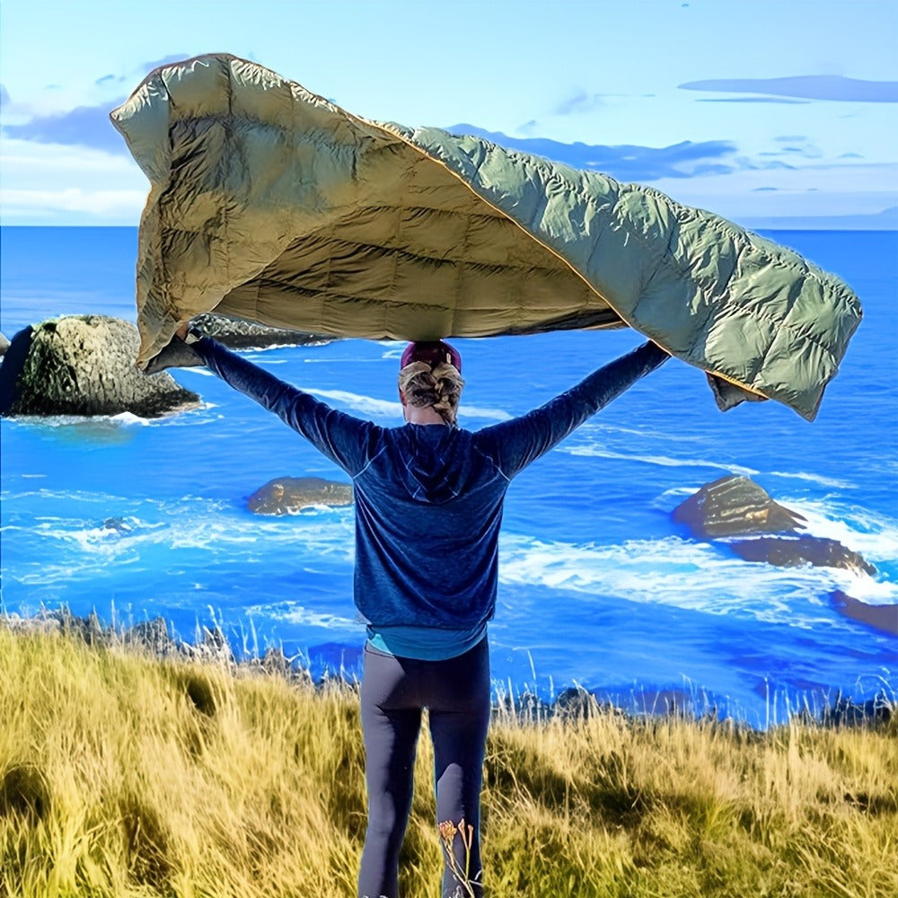 Puffy Camping Blanket Foldable Lightweight Water Resistant with 3D Eye Mask – DWR Coated Outdoor Blanket for Camping, Hiking, Travel, Beach, Stadium & Car, Warm Packable Throw in 4 Colors, 55" x 78"