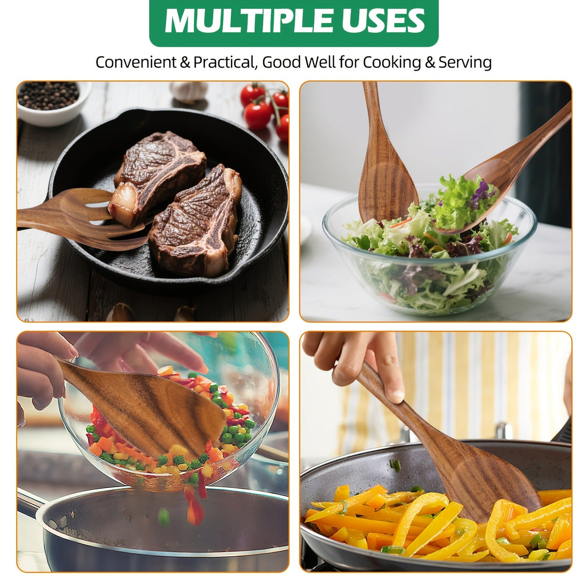 Wooden Cooking Utensils Set 6 Piece – Teak Wood Non-Stick Kitchen Tools with Comfortable Grip – Sturdy, Lightweight & Heat-Resistant Utensils for Indoor & Outdoor Cooking