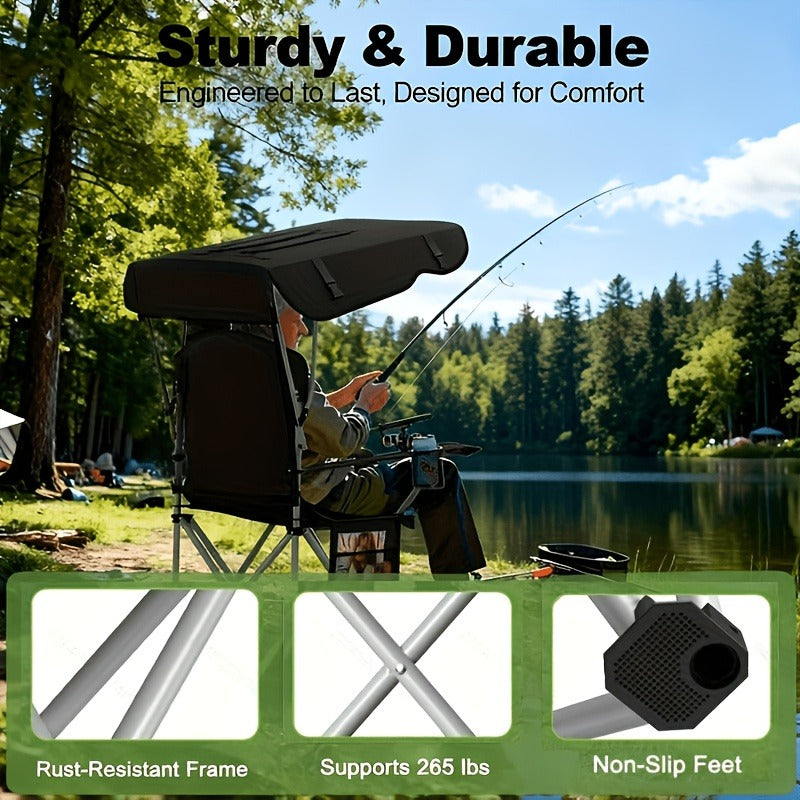 Carry-along Folding Camping Chair with Canopy Sun Shade 600D Oxford Fabric Outdoor Chair for Camping Beach Picnic Fishing Sports Featherlight Collapsible Seat