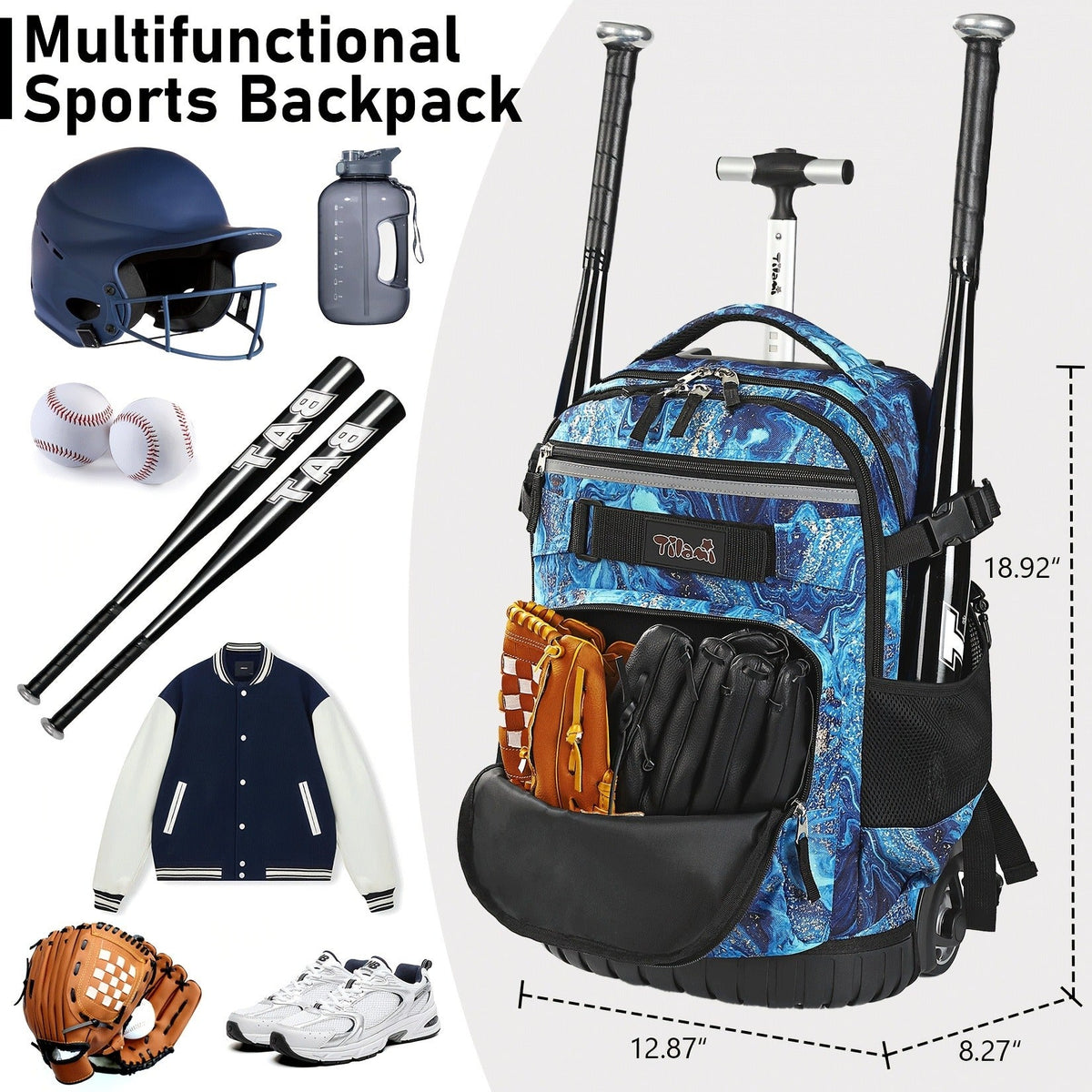 Large Capacity Baseball Softball Soccer Bag Multiple Pockets for Daily Commuting – Wheeled Sports Backpack with Wheels
