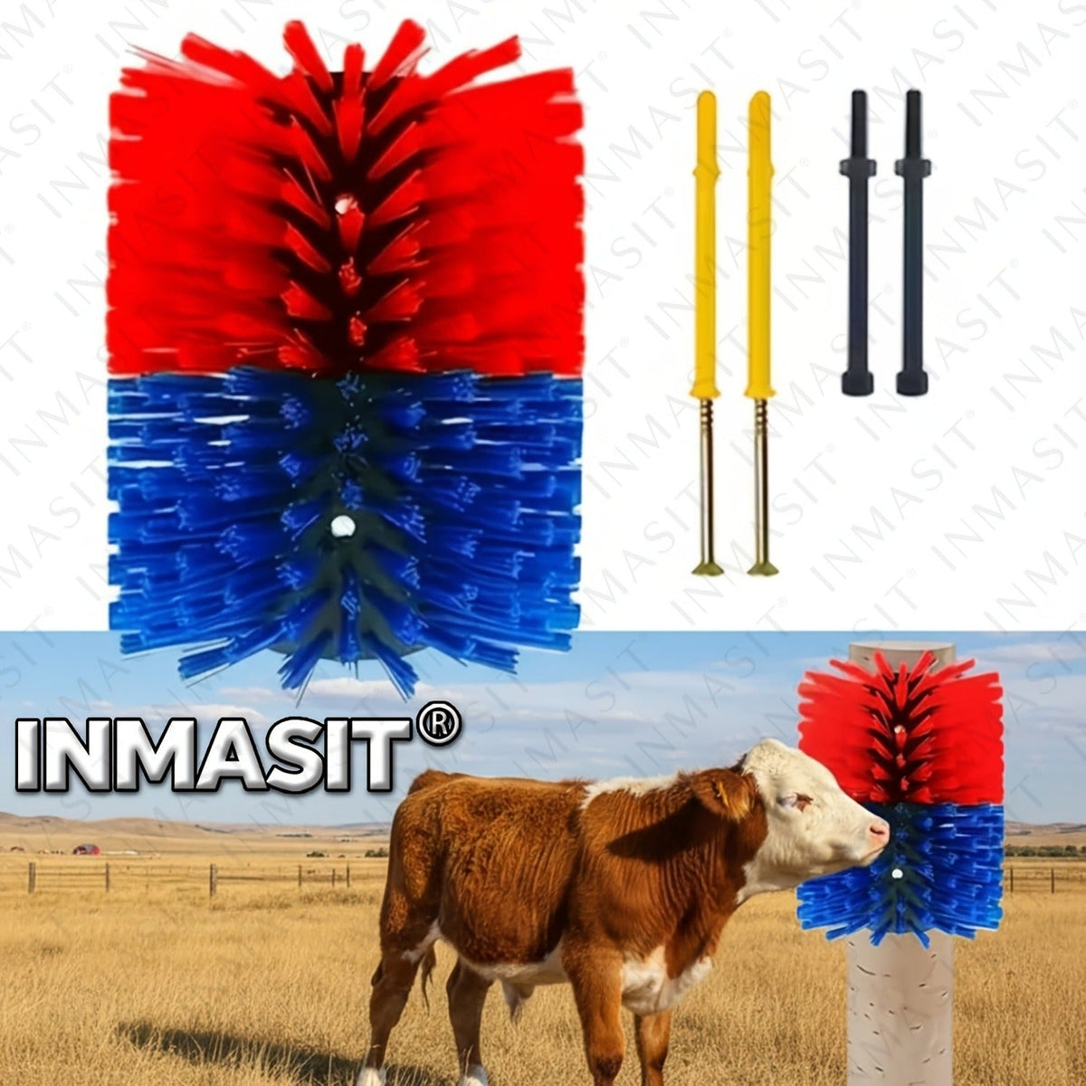 Livestock Grooming Brush Scratcher 8.7" – Easy Install with 4 Screws, Battery-Free Stress Reduction, Red/Blue & Yellow/Blue – All-in-One Massage & Itch Relief - product image 11