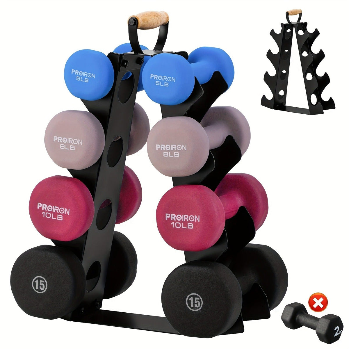 Weight Rack Stand 4-Tier A-Frame with Wooden Handle | Space-Saving Dumbbell Storage for Home Gym, Holds 5 | 15LB Hex & Rubber Dumbbells, Easy Assembly - product image 4