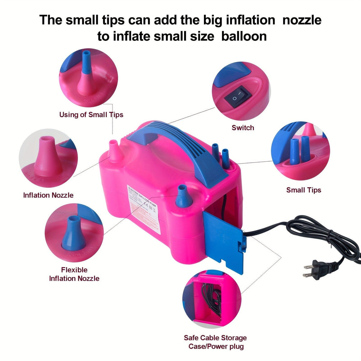 Electric Balloon Pump 3-in-1 Carry-along Inflator Deflator Fast Inflation for 260Q Foil Mylar Latex Double-Stuffed Balloons Pool Inflatables No Battery Required