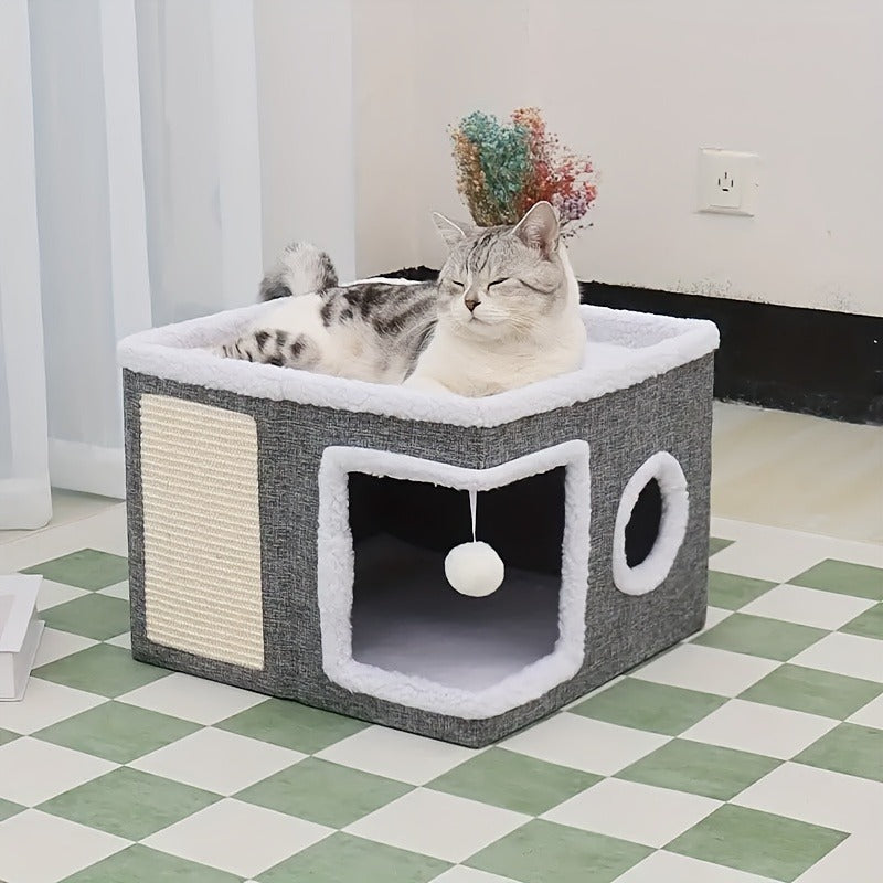 Cat House Collapsible Multi-Layer 2-Tier Bed Toy Tunnel Scratching Post Plush Hanging Ball Canvas Nylon Frame All-Season Indoor Cat Cube Enclosure Gray Classic - product image 7