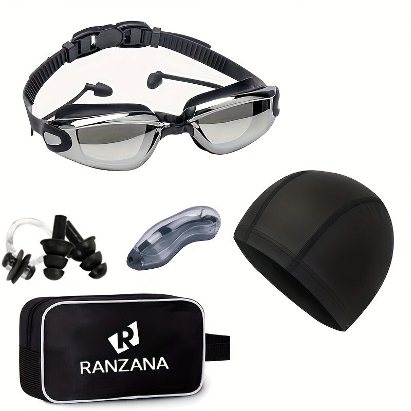 Swimming Goggles 6pcs Set with Cap Nose Clip Earplugs & Storage Bag | UV Protection Anti-Fog Adult Racing Swim Goggles Bundle, Silver-Coated Black Lens - product image 4