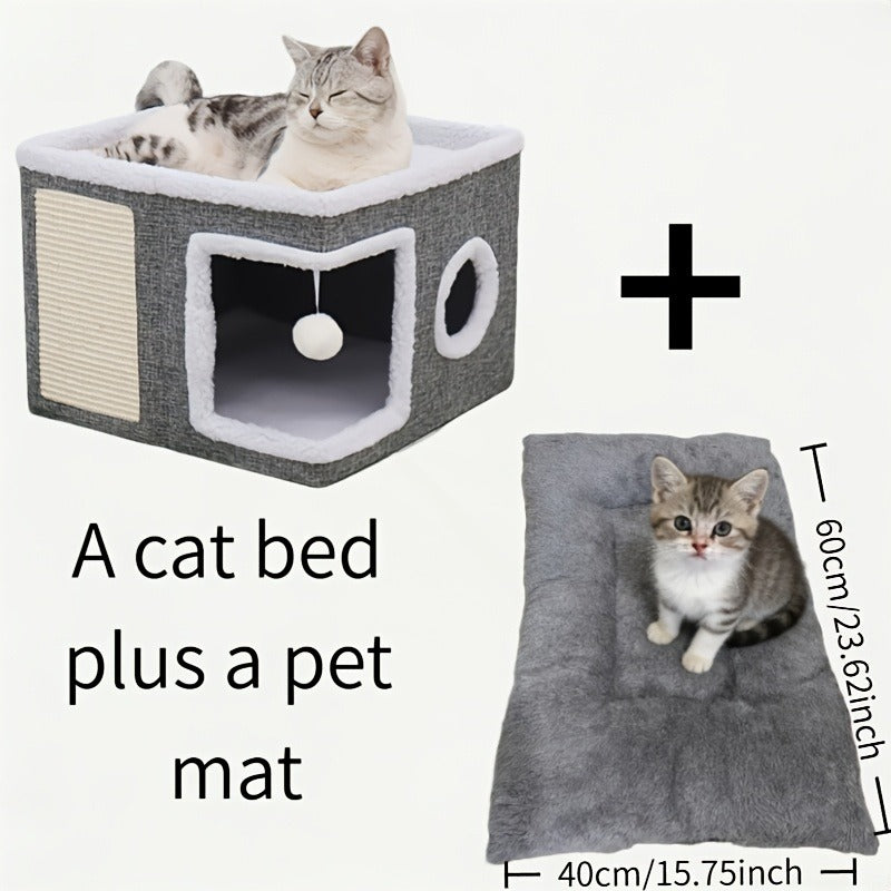Foldable 2-Level Cat Tree with Scratching Post, Toy Tunnel & Plush Hanging Ball, Space-Saving Nylon Canvas Cat Furniture 16.5x16.5x13in for Small Spaces - product image 12