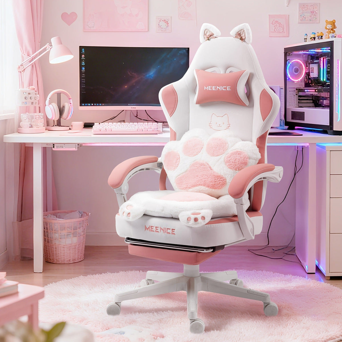 Cat Ear Gaming Chair Ergonomic Reclining Computer Chair with Footrest Paw Lumbar Cushion Wingback PC Game Chair for Girls Adults 300LBS Pink Black Blue for Barbershop & Home Grooming