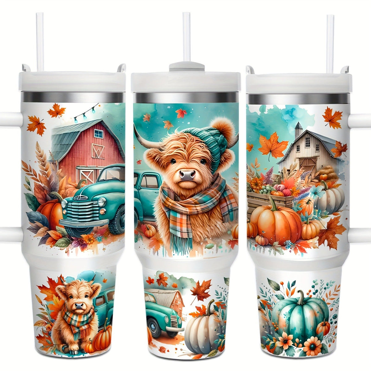 Stainless Steel Insulated Tumbler With Lid and Straw – 40oz & 16oz Highland Cow Thanksgiving Water Bottle With Handle – Keeps Cold 24 Hours Hot 12 Hours – Portable Travel Cup for Car Home Office Birthday Gift