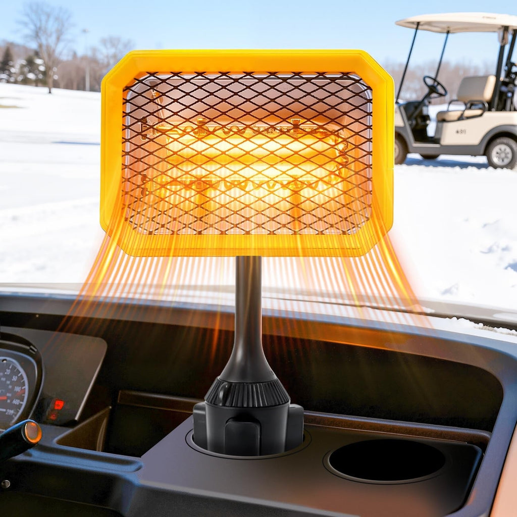 400W Electric Golf Cart Heater Carbon Fiber Fast Heating 360° Adjustable Angle Battery Powered Carry-along Heater with Cup Holder Adapter Compatible with 48V Golf Cart Systems Golf Cart Accessories