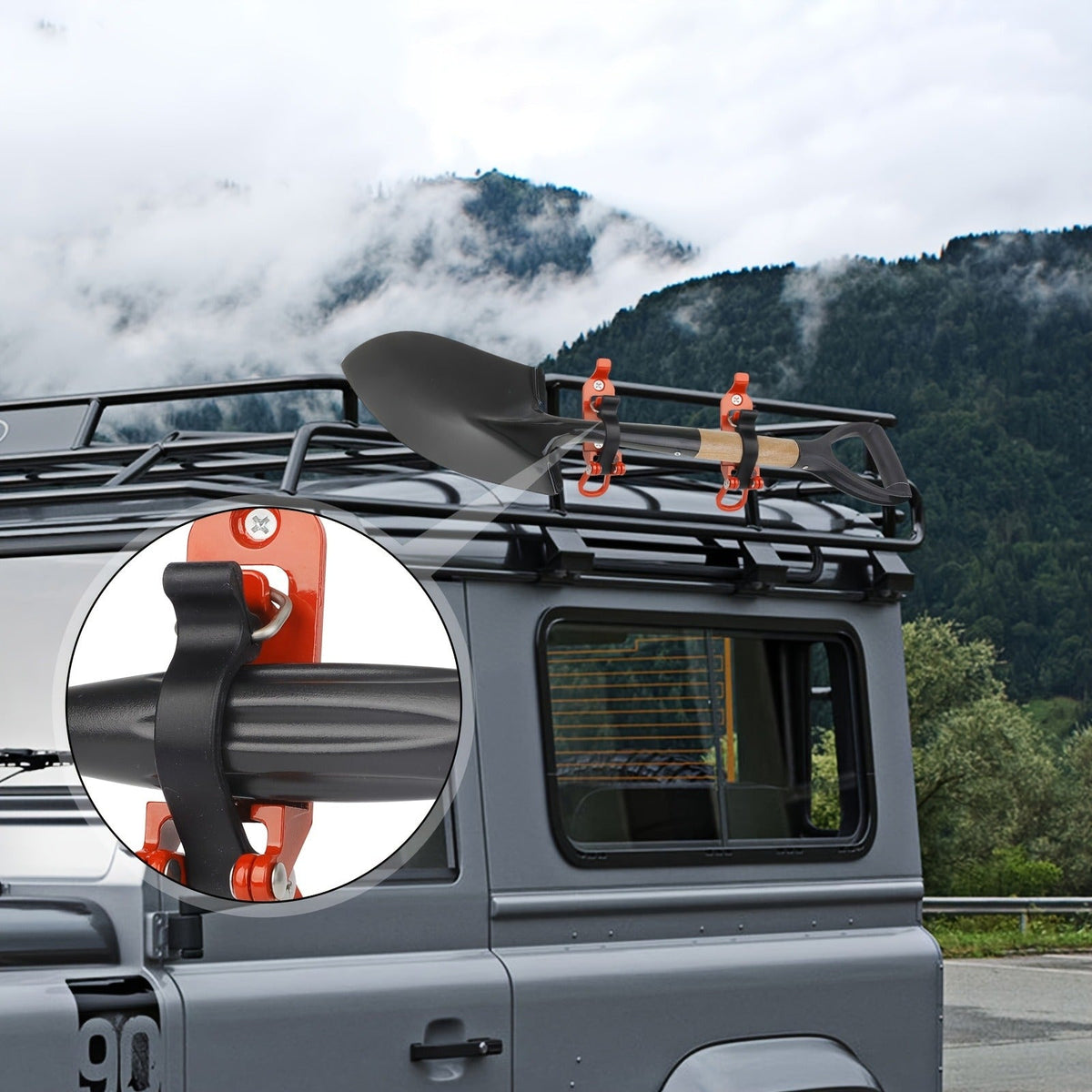 Roof Rack Shovel Mount 2-Pack | Metal Clamp Bracket Kit with Rubber Clamps, Quick Release Axe Holder for Roof Rack, Truck Bed, Boat, RV & Trailer, Fits Shovels, Axes & Long Handle Tools