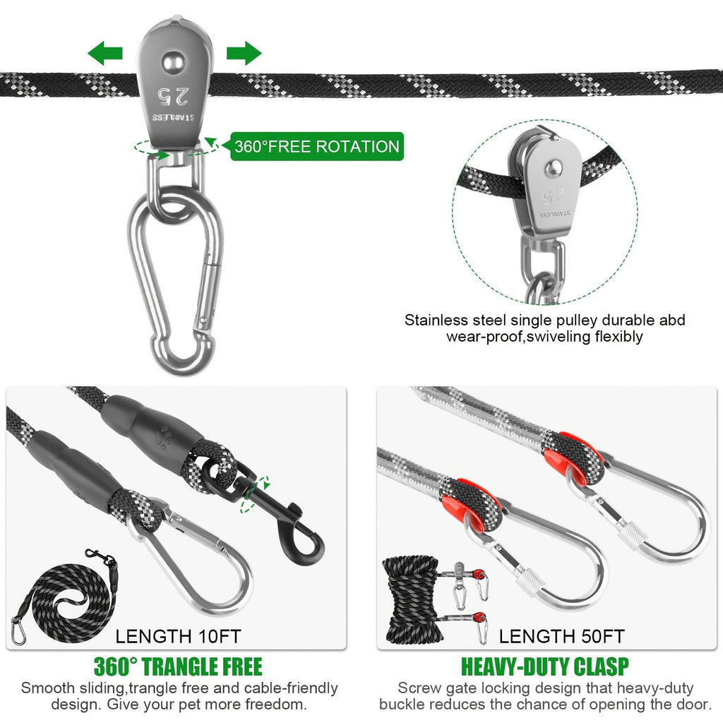 Heavy Duty Reflective Cable Runner, Supports Up to 200lbs, Carry-along Easy Setup for Yard, Park, Camping & Hiking, Black & Blue, Outdoor Dog Run | Overhead - product image 10