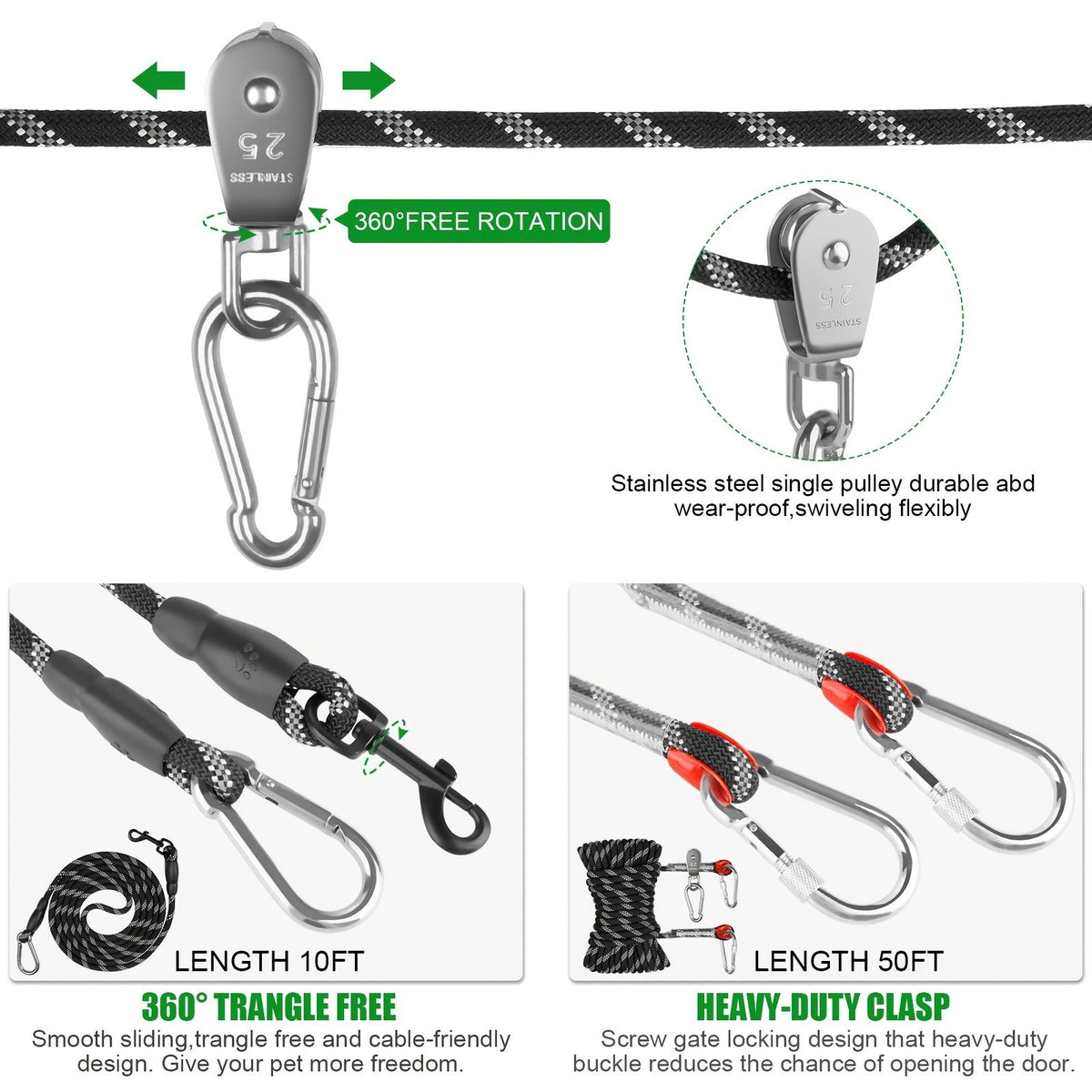 Heavy Duty Reflective Cable Runner, Supports Up to 200lbs, Carry-along Easy Setup for Yard, Park, Camping & Hiking, Black & Blue, Outdoor Dog Run | Overhead - product image 10