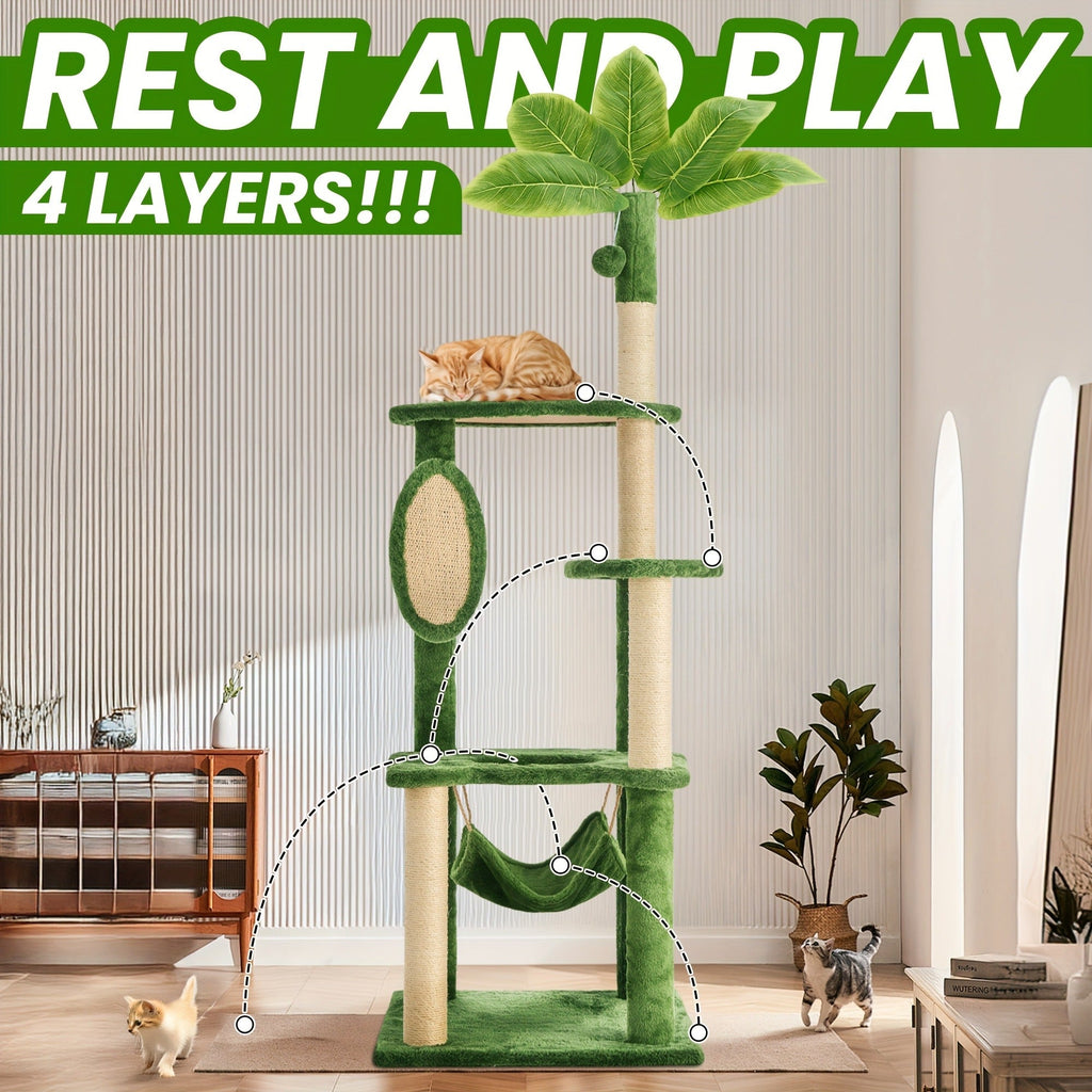 Cat Furniture for Living Room – Cat Tree 55" Large Multi-Level Cat Tower for Indoor Cats with Green Leaves, Hammock, Sisal Scratching Posts & Hanging Ball Toy - product image 9