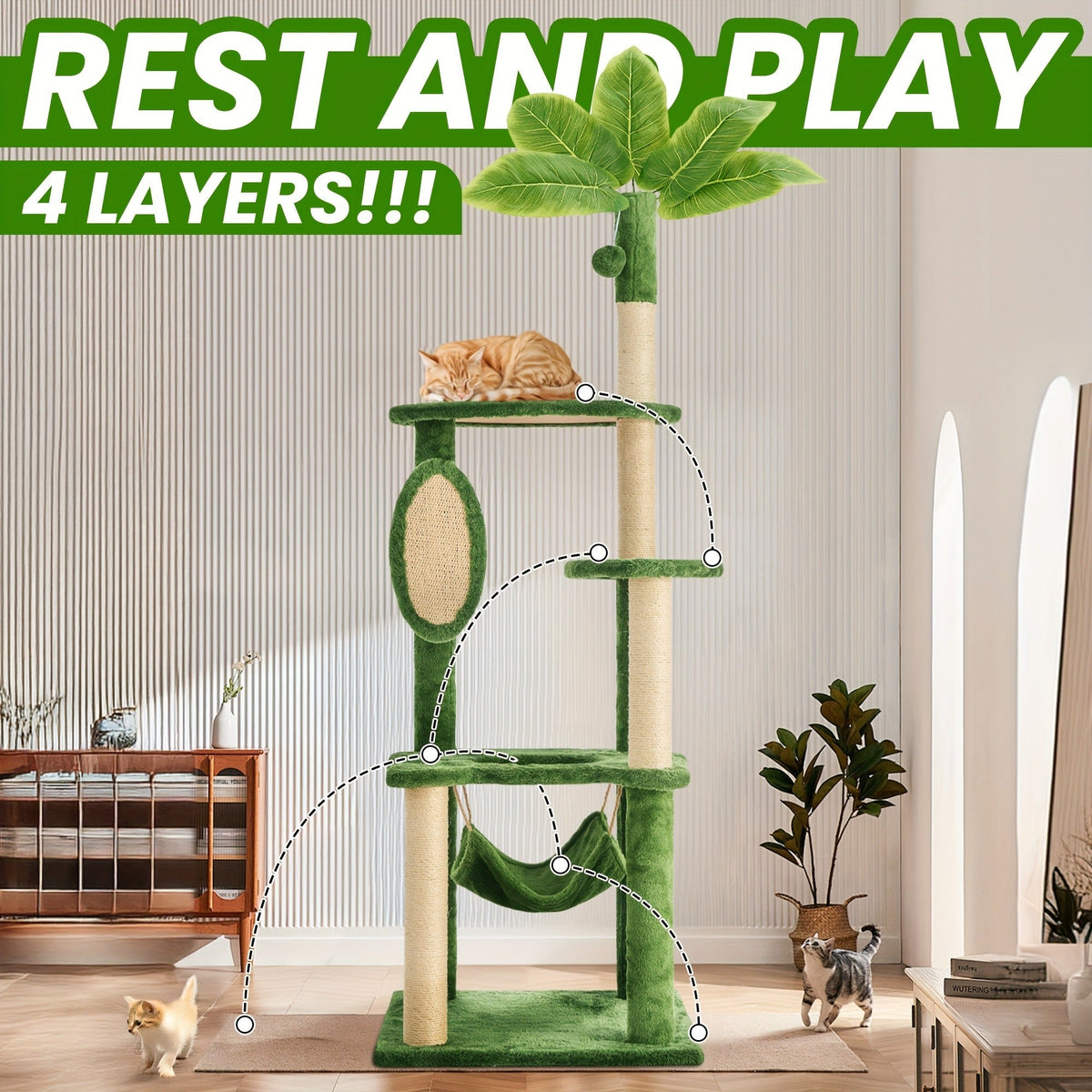 Cat Furniture for Living Room – Cat Tree 55" Large Multi-Level Cat Tower for Indoor Cats with Green Leaves, Hammock, Sisal Scratching Posts & Hanging Ball Toy - product image 9