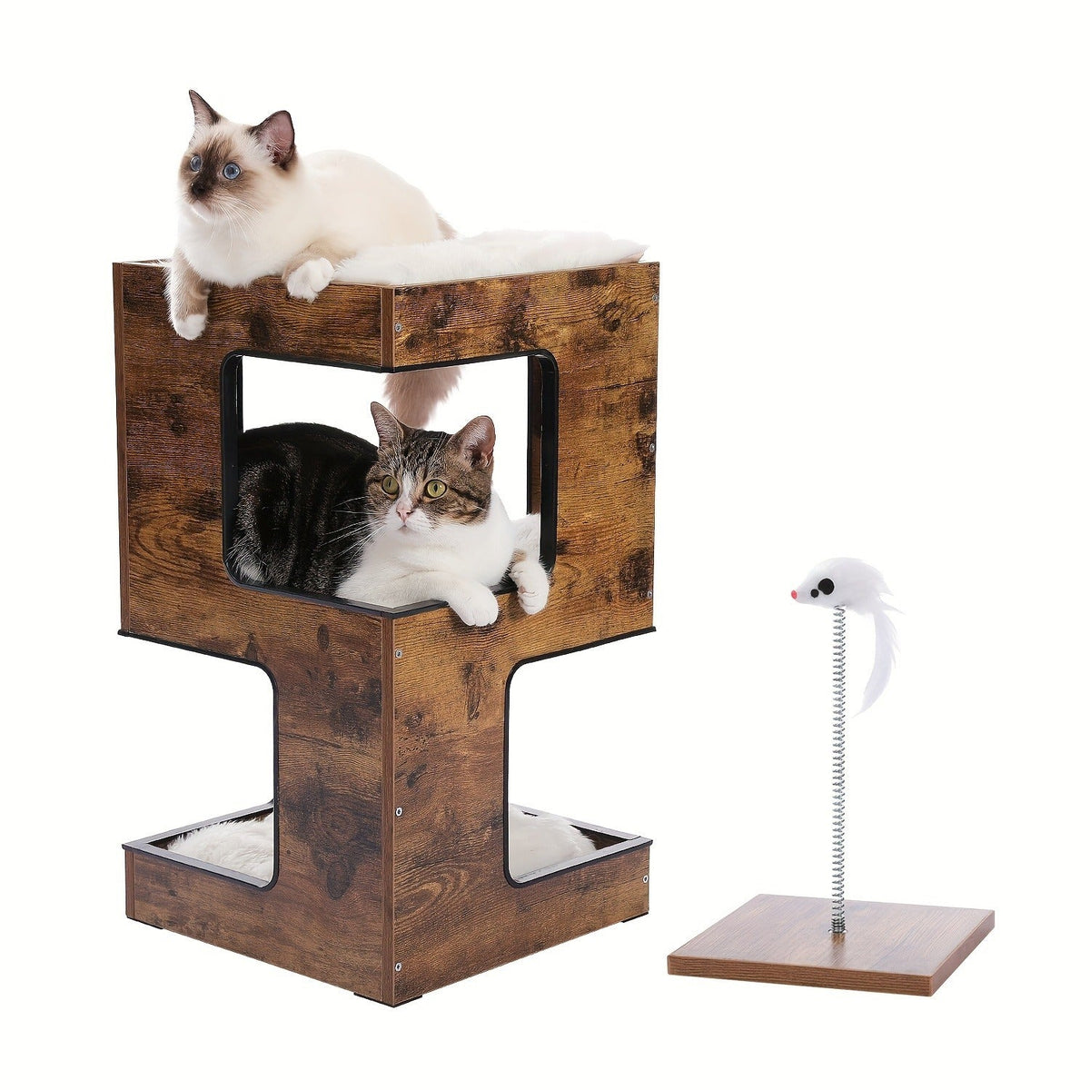 Cat Tree Small Modern 23.6" Wood Cat Tower Furniture with Scratching Pad Removable Soft Mats & Free Cat Toy for Indoor Kittens – Brown – Climbing Scratching - product image
