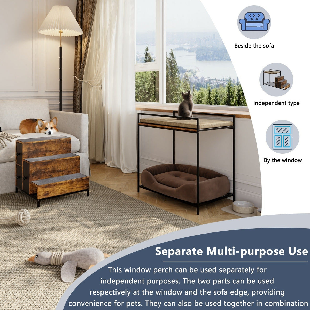Cat Window Perch with Stairs & 3 Storage Drawers | Large Multi-Level Pet Bunk Bed Platform for Cats and Dogs, Foam Upholstered - product image 9