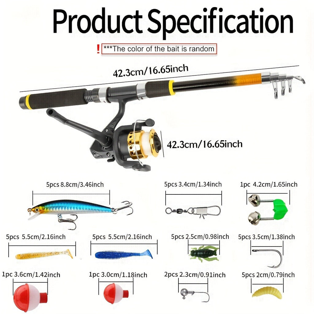 Medium-Fast Action Telescopic Fishing Rod with Line, Lures, Accessories Box & Carry Bag, Ambidextrous Design for Beginners – Baitcasting Rod and Reel Combo Set