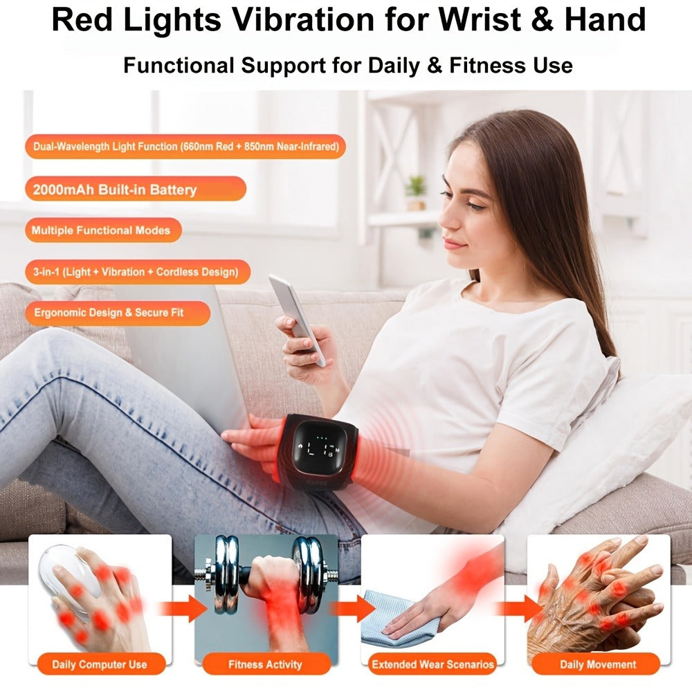 Infrared LED Wrist Brace with Vibration for Hand & Wrist Pain Relief, Adjustable Strap Fits Left & Right Hand, Unisex Wearable Recovery Device for Office & Daily Use – Red Light Therapy Wrist Wrap 660nm 850nm
