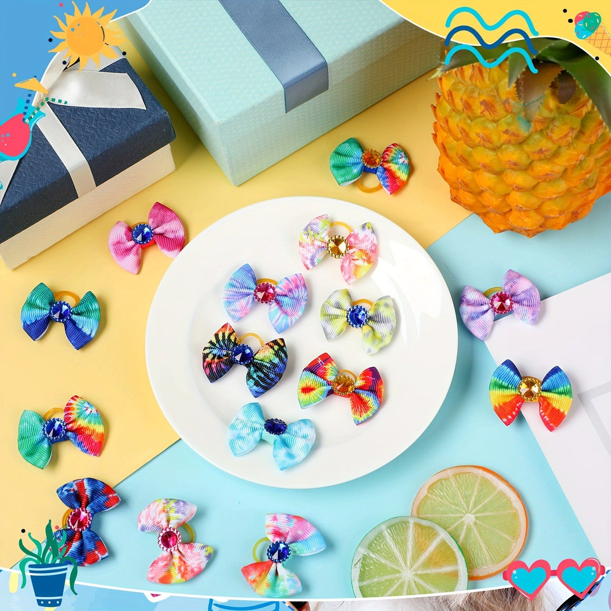 Colorful Spring Dog Topknot Bows for Small Dogs, Cats & Grooming Salons, Bulk Hair Bow Set | Dog Hair Bows 100 Pack Tie Dye Rhinestone Puppy Grooming - product image 4