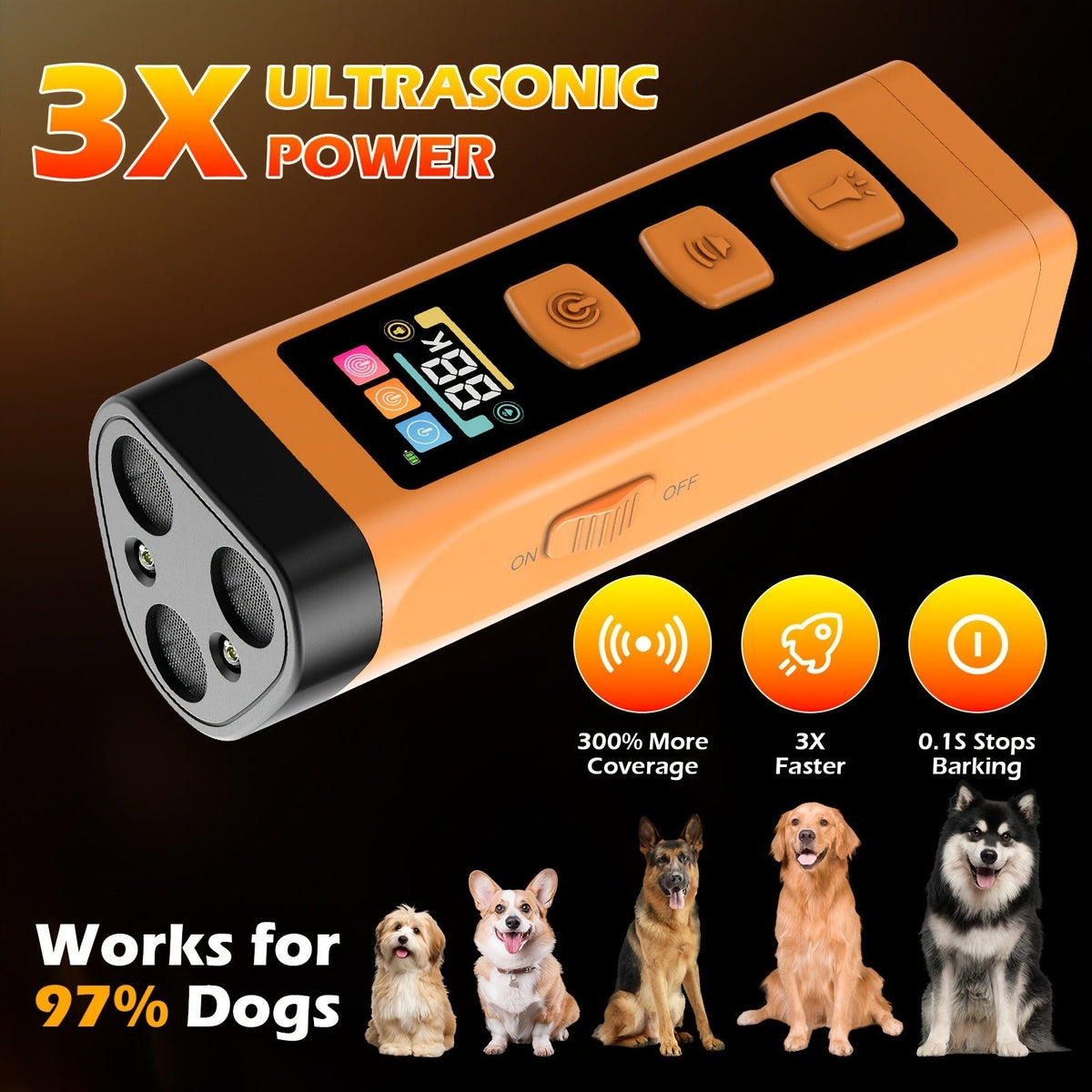 Triple-Head Ultrasonic Bark Deterrent, High-performance Soundwave Technology, USB Rechargeable Portable Handheld Anti-Barking Device, Dog Behavior Training - product image