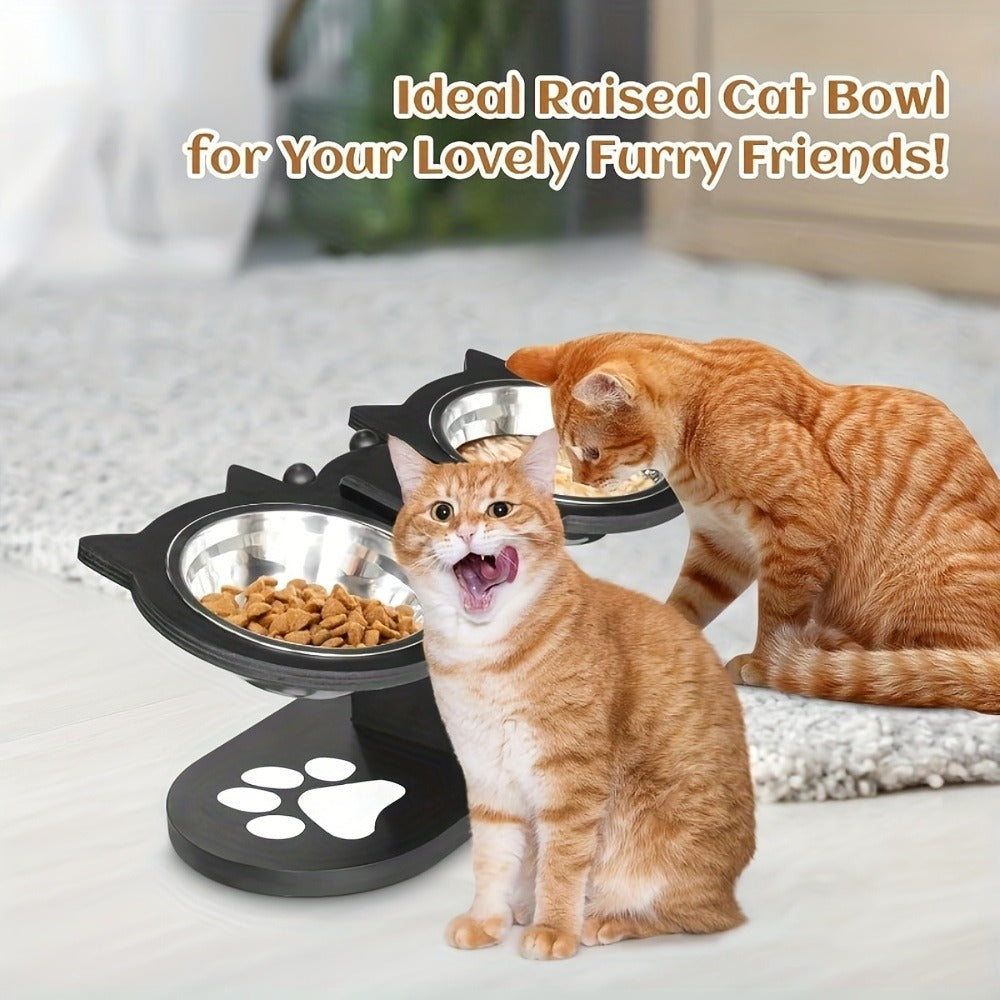 Elevated Cat Bowl Stand with Tilted Stainless Steel Bowls | Adjustable Raised Feeder, Anti-Spill, Black Wood Base for Cats & Small Dogs - product image 4