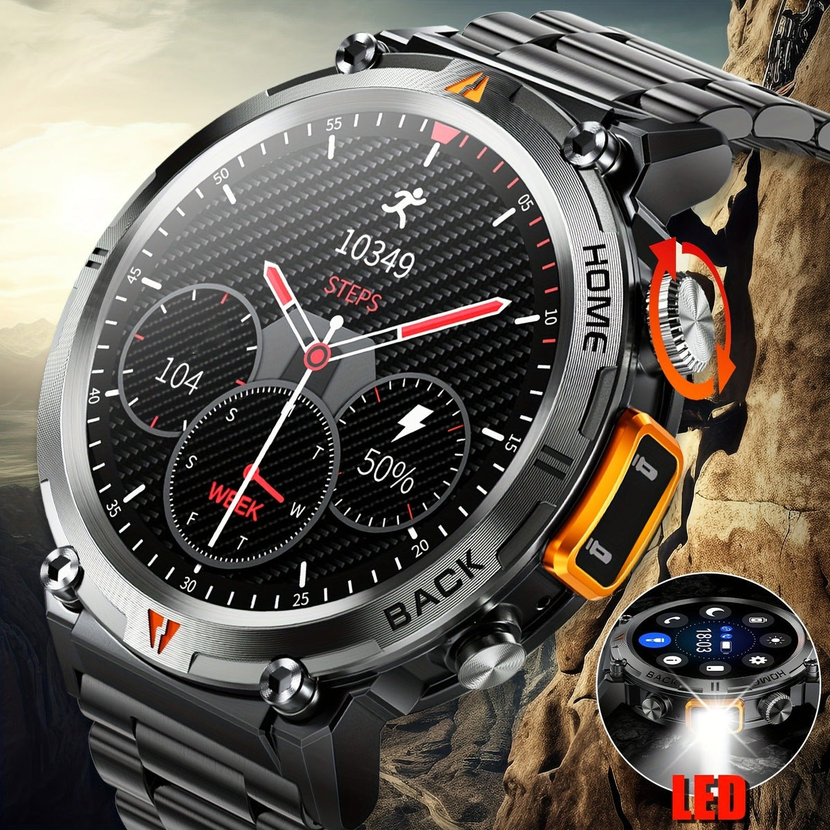 Wireless Calling, HD 1.45" Screen, LED Light, Fitness Tracker, iPhone & Android | EIGIIS KE3 Rugged Smartwatch for Men